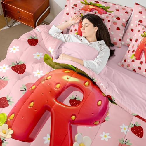 Image of Feelyou Girls Pink Red Strawberry Full Comforter Set with Sheets for Kids Boys Girls Initial Letter R 7 Pieces Bedding Set Princess Strawberry Bed in a Bag Room Decor Soft Lightweight Microfiber