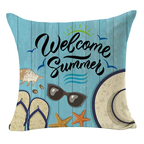 QINU KEONU Gift to Friends Welcome Summer Flip Flops Starfish Holiday Wood Grain Square Cotton Linen Decorative Throw Pillow Cover Cushion Case for Outdoor Home Sofa 18 X 18 Inch (35)
