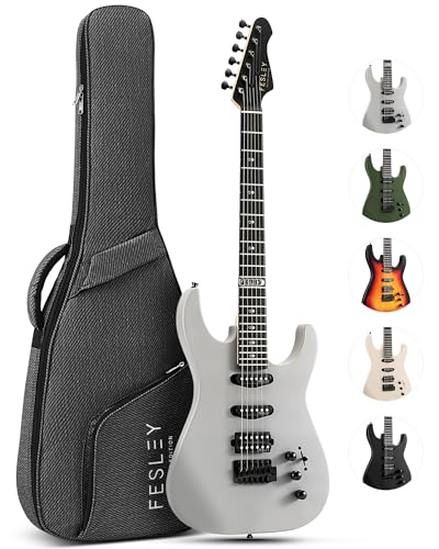 Fesley 39 inch Electric Guitar, Electric Guitar Kit with HSS Pickups, Stylish Poplar Solid Body Electric Guitar for Beginner, Maple Neck, ST Style 6 String Guitar with Gig Bag, FST400M, Gray