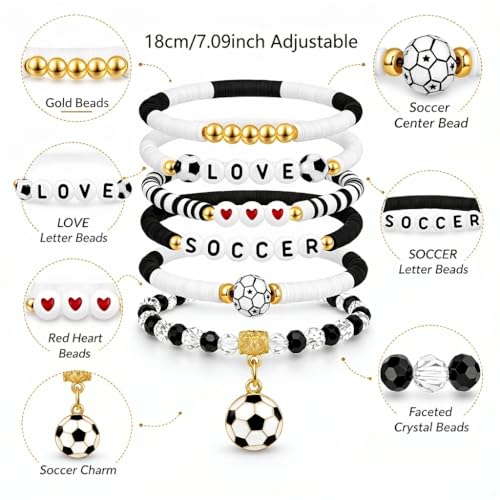 NextArt Soccer Bracelets for Girls, 6PCS Stackable Soccer Beaded Bracelet Set, Soccer Jewelry Gifts for Players, Daughters, Teammates, Team Game Day Accessories. - Image 3