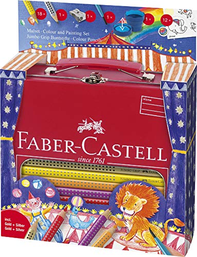 Faber-Castell Jumbo Grip - Matite colorate triangolari, set circo, 1 confezione, contenuto della confezione: 18 matite colorate e altro