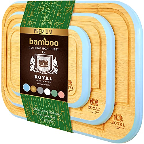 Bamboo Cutting Board Set with Juice Groove (3 Pieces) - Kitchen Chopping Board for Meat (Cutting Board) Cheese and Vegetables (Blue)