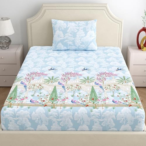 Image of Home Ecstasy 100% Cotton Single Bedsheet with 1 Pillow Cover - (Size 59 x 87 inches, 140 TC, Colour - Light Blue)