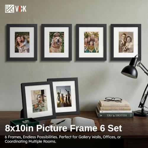Image of VCK 8x10 Picture Frame Set of 6, Black Wood, 5x7 Mat, Glass, for Artwork