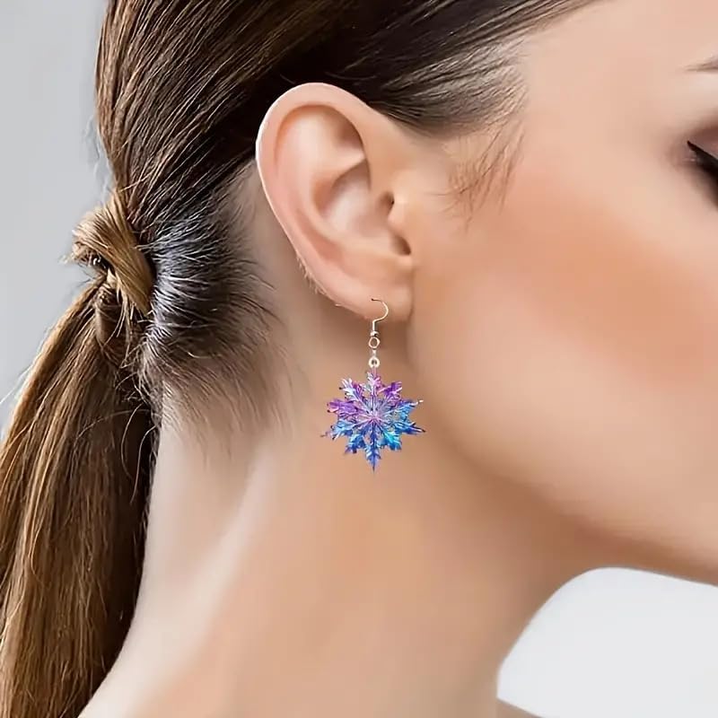 Blue Purple Snowflake Acrylic Dangling Hook Christmas Earrings for Women Lightweight Statement Ice Flower Dangle Drop Earring Winter Xmas Party Festival Jewelry Gift Accessories - Image 6