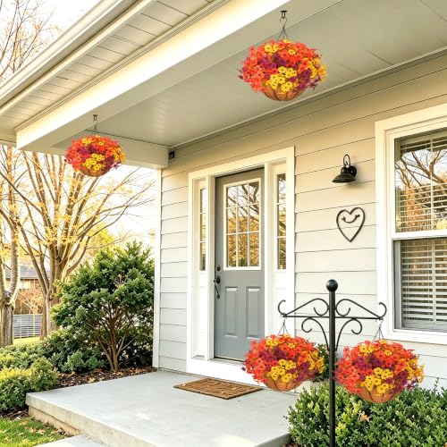 Image of 2 Set Artificial Fall Hanging Flower Baskets for Outdoor Autumn Decor, 24 Pcs Silk Mums Fake Plants for Garden Porch Patio Balcony Yard Home Decoration