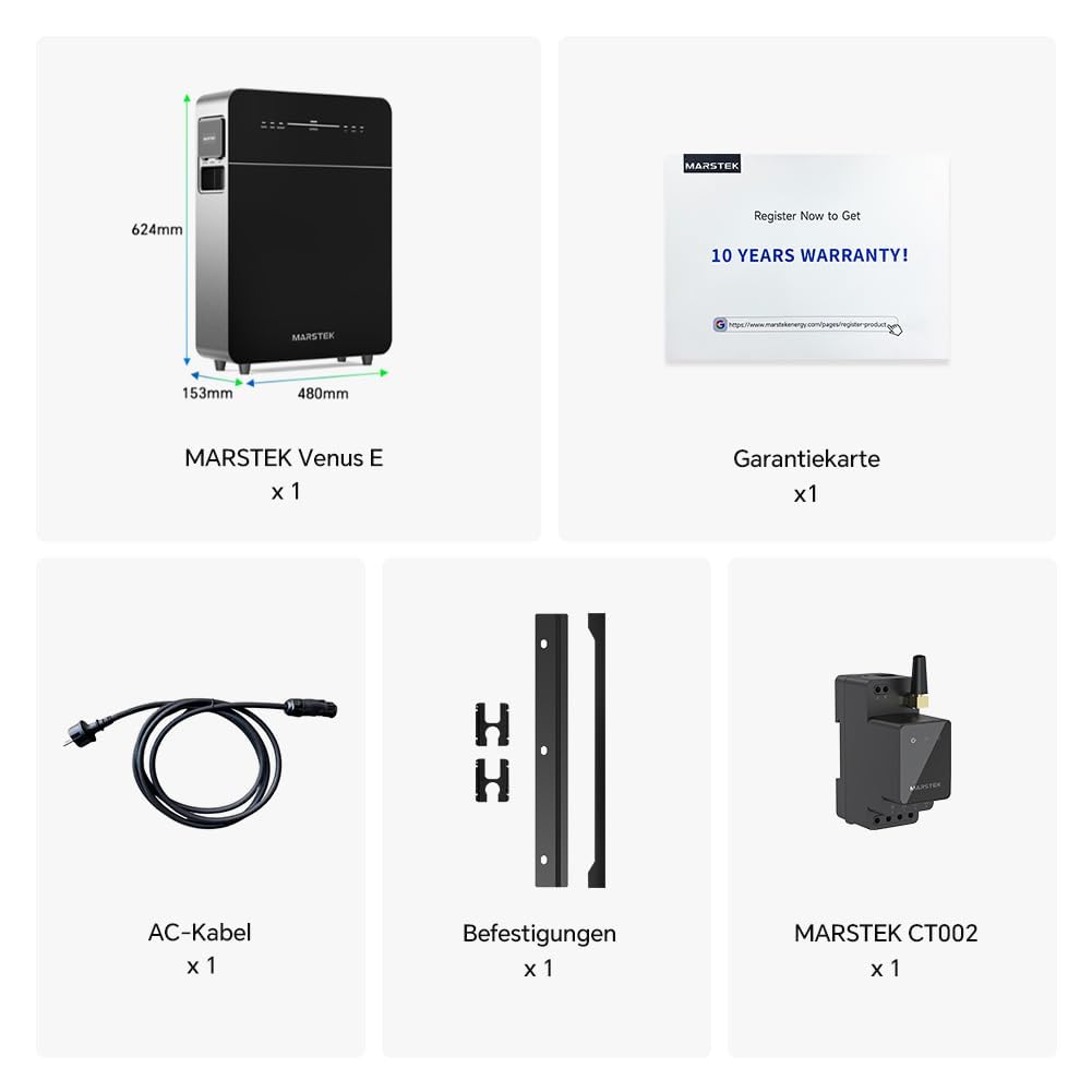 Marstek Venus E 3.0 Balkonkraftwerk mit Speicher 5.12kWh,All-in-One AC-gekoppeltes Energiespeichersystem inkl. CT002 Smart Meter, 2.5kW PV, Erweiterbar bis 15.36kWh, Plug & Play, 0% MwSt.