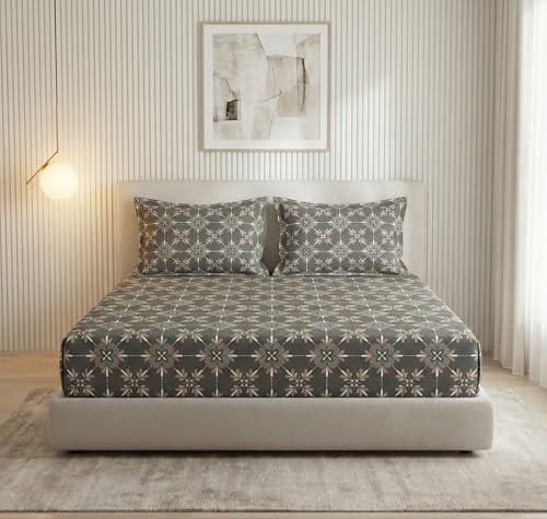Image of VAS COLLECTIONS 300 TC Premium Cotton Fitted Bedsheet Set Double Bed 78x72+10 Inch | Soft Breathable Sheet with 2 Pillow Covers | Luxury Printed Bedding | Elegant Durable Bed Linen (Graphite)