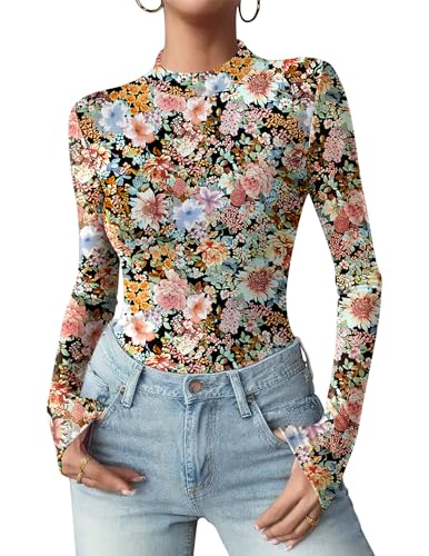 Zeagoo Womens Floral Mesh Long Sleeve Tops See Through Going Out Blouses Mock Neck Sheer Party Outfits Shirts S-XXL