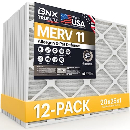Image of BNX TruFilter 20x25x1 Air Filter MERV 11 (12-Pack) - MADE IN USA - Allergen Defense Electrostatic Pleated Air Conditioner HVAC AC Furnace Filters for Allergies, Dust, Pet, Smoke, Allergy MPR 1200 FPR