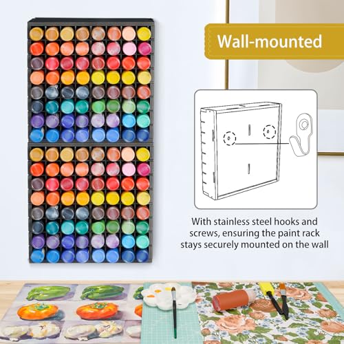 Image of Krafetto 2 Pack 64 Grids Paint Organizer Storage Rack, Wall-mountable Craft Paints Holder, Paint Bottle Organizer Rack Stand for 2 oz Acrylic Craft Paints, Black