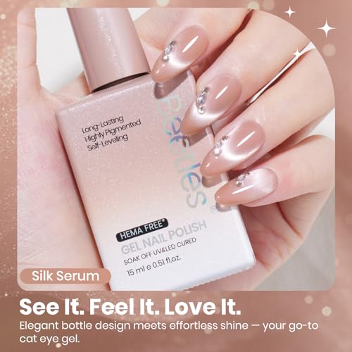 Image of Beetles Silk Serum Nude Cat Eye Gel Nail Polish - 15ML Full Size Nude Gel Polish Cat Base Color Glitter Magnetic Translucent Glassy Effect Soak Off UV French Nail Art DIY Manicure Gift for Women