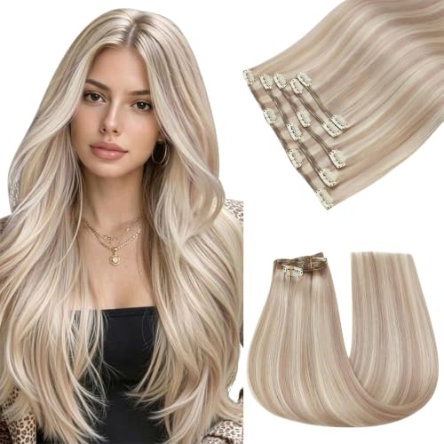Easyouth Blonde Human Hair Clip in Extensions, 18 Inch Real Hair Extensions Clip in Human Hair, Highlight Ash Blonde with Blonde, Invisible Clip in Hair Extension Remy Hair Natural Look, 85g 5pcs