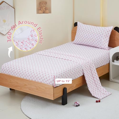 Image of Viviland 3 Pieces Girls Pink Twin Sheet Set - Soft Microfiber Fitted Flat Sheets & Pillowcase - Pink Cherry Bow Print Bedding Sets - for Kids & Toddlers