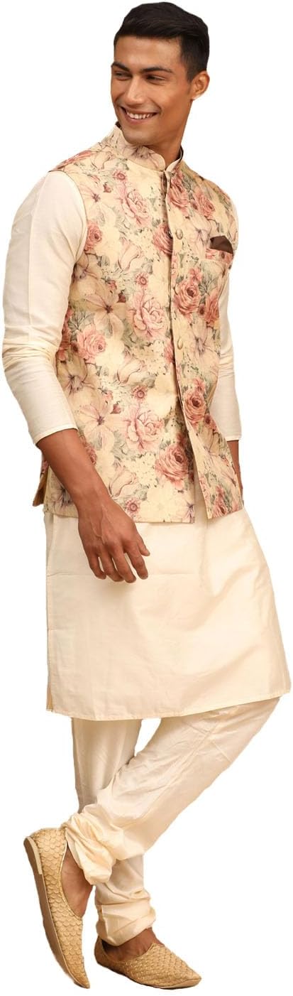 VASTRAMAY Classic Flower Print Silk Blend Printed Nehru Jacket with Kurta and Pant Style Pyjama – Elegant Ethnic Wear for Men
