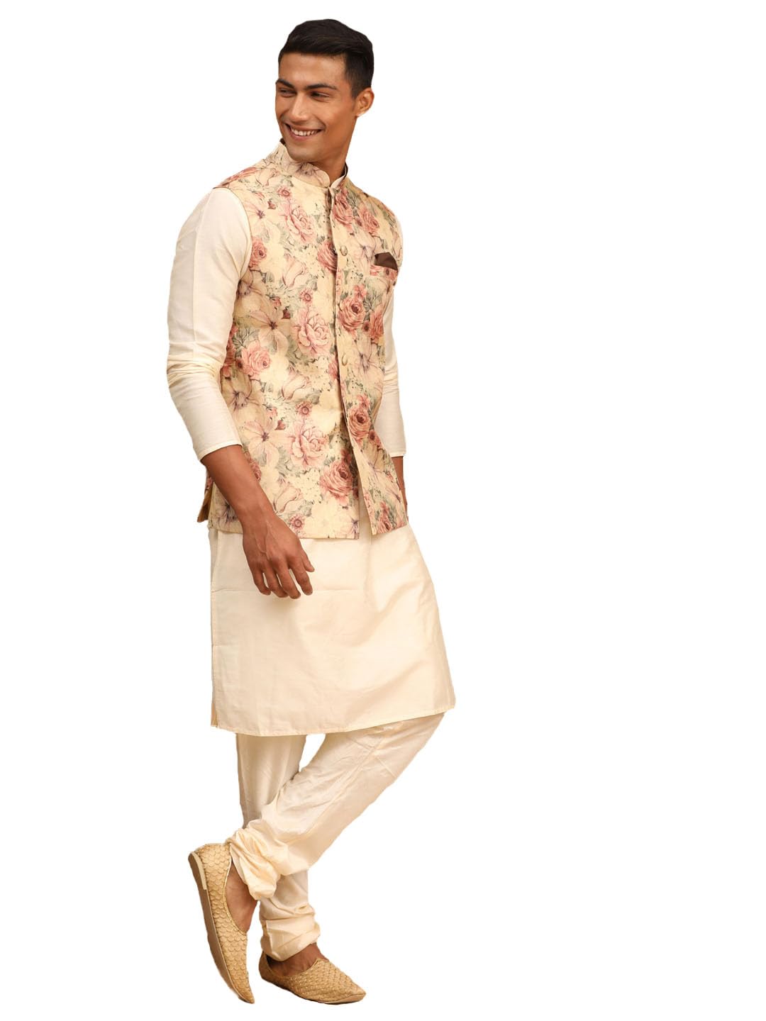 VASTRAMAY Classic Flower Print Silk Blend Printed Nehru Jacket with Kurta and Pant Style Pyjama – Elegant Ethnic Wear for Men