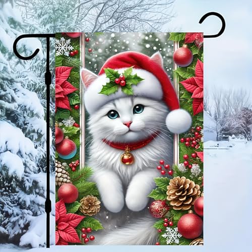 Image of BlissYard Garden Flag Cat Red Hat Winter 12x18 Inch Polyester