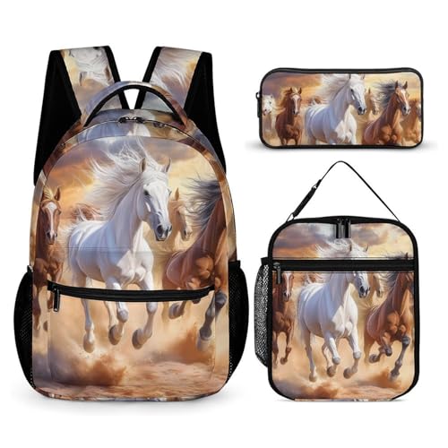 Horses Running 3 PCS Backpack Set Casual Daypack with Insulated Lunch Bag & Pencil Case