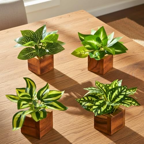 Image of DecoreBugs Artificial Leaves Potted Plants in Wooden Pot (4 Pack) Money Plant | Small Plants for Home Decor | Office Decor