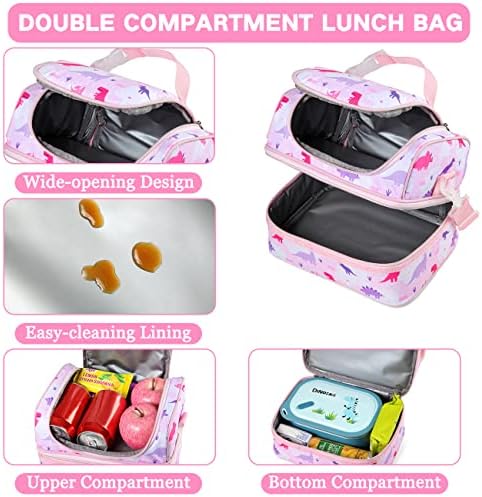 VASCHY Lunch Bag for Girls, Thermal Insulated Lunch Box Bag for Kids Double Decker Cooler Bags with Large Compartment and Shoulder Strap for School,Daycare,Kindergarten,Picnic(Pink Dinosaur)