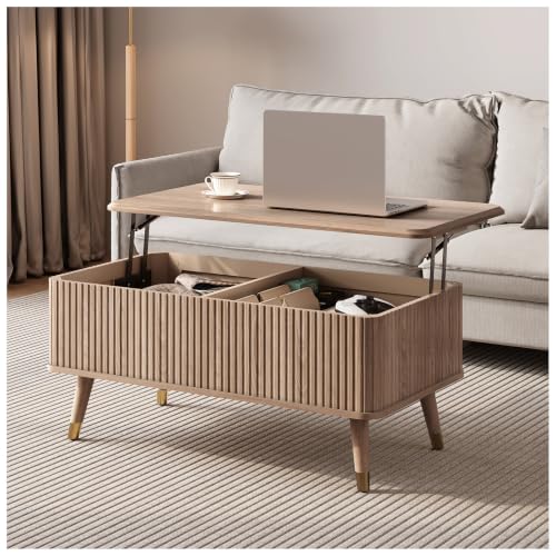 Image of JOINICE 38 inch Lift Top Coffee Table with Storage for Living Room,Oak | Large Hidden Storage,Natural Boho Style,Fluted Rectangle Center Table with Wooden Legs,Lifts to 23 inch,Holds 88lbs,Easy Assembly