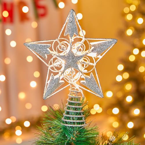 Christmas Star Tree Topper, Plug in 3D Star Tree Topper, 8' Silver Glittered Metal Hollow Designed Built-in 10 Bulbs String Lights for Christmas Tree Decorations