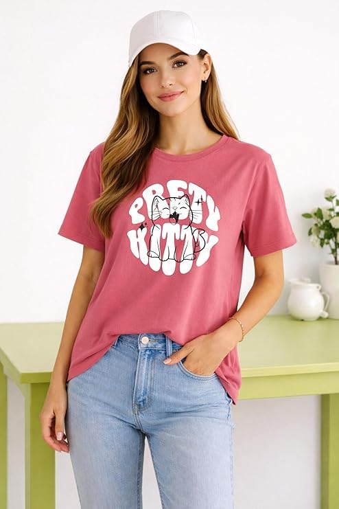 Image of London Hills Women's Loose Fit Graphic Printed T-Shirt | Soft Cotton Blend Fabric | Round Neck Half Sleeve Casual Top, Travel & College