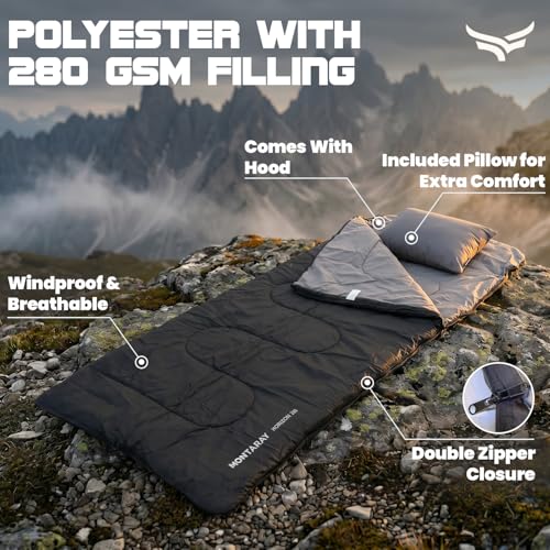 Image of Montaray by Xtrim Horizon 280 Sleeping Bag with Hood & Pillow, 280 GSM Polyester, Waterproof Camping Convertible Duvet, for Temp 12C to -3C