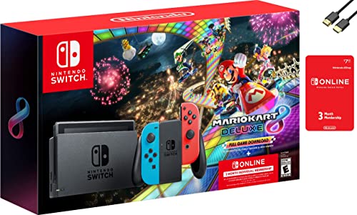 Newest Nintendo Switch Joy-Con Neon Blue/Red Console Bundle: Mario Kart 8 Deluxe Full Game Download | 32 GB Internal Storage | 3 Months Nintendo Switch Online Membership with U Deal HDMI (Renewed)