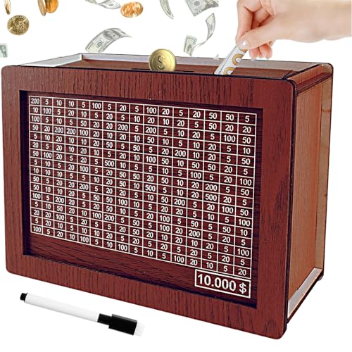 Savings Challenge Box, 10k Wooden Piggy Bank with Counter, Money Saving Box for Kids and Adults,...