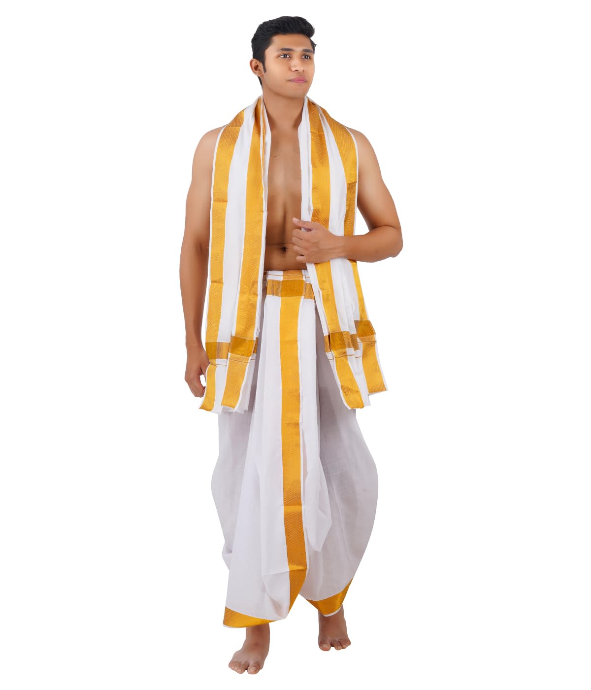 ethazh 9x5 Pure Cotton Dhoti with Matching Angavastram – Traditional Men’s Ethnic Wear Set with 100K Gold Jari Border, Ideal for Weddings, Temple Visits, Pujas, Festivals & Special Occasions-picture-44