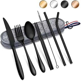 Travel Cutlery Set, Herogo 8 Pcs Portable Utensils Set with Pouch Case, Reusable Stainless Steel Knife Fork Spoon Chopsticks Straws for Camping Picnic Lunch, Mirror Finish & Dishwasher Safe (Black)