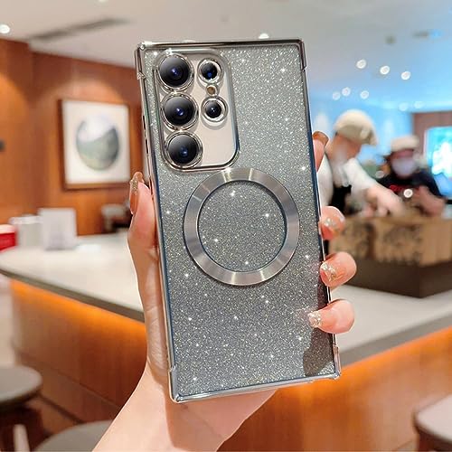 Coque Samsung Galaxy S23 S22 Ultra paillettes argent avec induction magnétique
