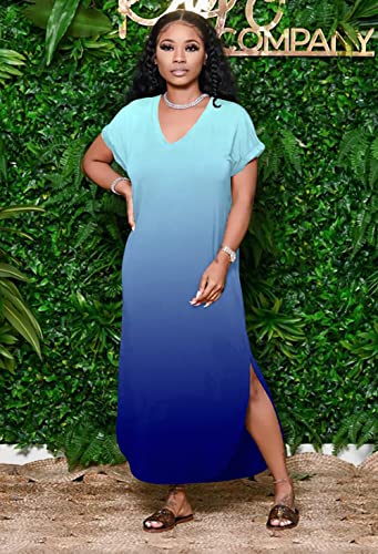 Image of Women Summer V Neck Loose Side Split Maxi Dresses with Pocket