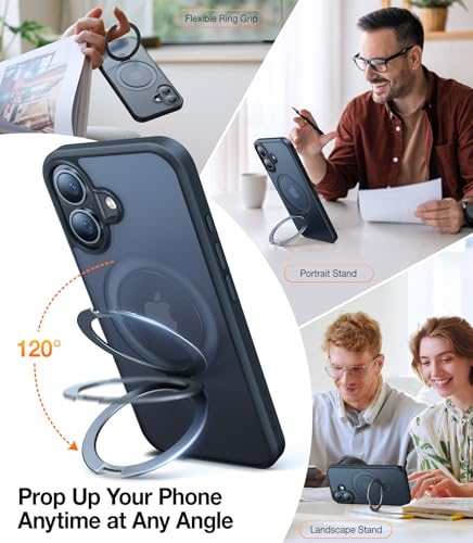Image of TORRAS Magnetic for iPhone 16 Case with Stand, Built-in Stand Compatible with MagSafe, 12 FT Military-Grade Protection, Translucent Slim Phone Case for iPhone 16 6.1'', Matte Black