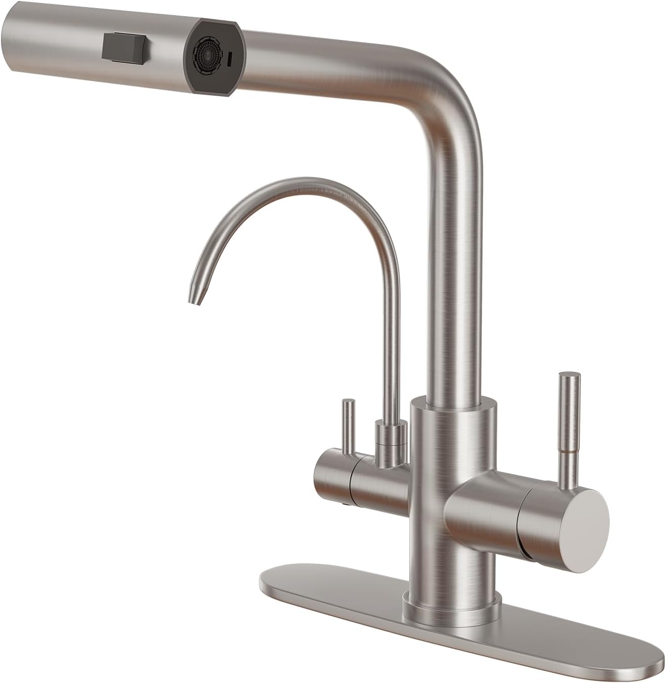 Fapully Pull-Down Kitchen Faucets, 3 Way Kitchen Sink Faucet with Pull Down Sprayer and Drinking Water Faucet, Include Deck Plate for 1 or 3 Holes Brushed Nickel