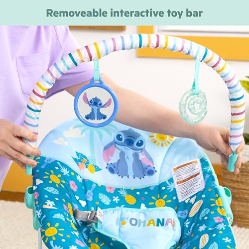 Image of Bright Starts Disney Stitch Ohana Paradise Vibrating Baby Bouncer, Soothing Vibrations Infant Seat with 2 Sensory Toys, 0-6 Months