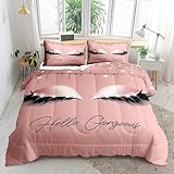 LUVIVIHOME 3PCS Hello Gorgeous Comforter Set, Queen Comforter Set, Luxury Glitter Bling Makeup Unicorn Eyelash Glam Girly Teen Girls Bedding, Rose Gold Pink Bedroom Decor for Women, 2 Pillow Shams
