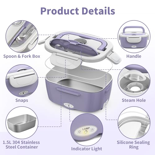 Image of Vingud Electric Lunch Box for Adults, Heated Lunch Box Food Warmer, 80W Portable Heating Lunchbox for Women /Work /Car /Truck, 12 /24 /110V Lonchera Electrica Portatil Christmas White Elephant Gifts,Violet