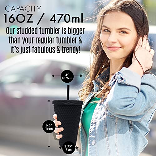 Nadia's Little Treasures Studded Tumbler Straw Lid - Plastic Double Walled Cold Cup for iced Coffee, Water, Slush or Smoothies, Your Home Cinema Cup (Matte Black 16OZ / 450ml) - Image 2