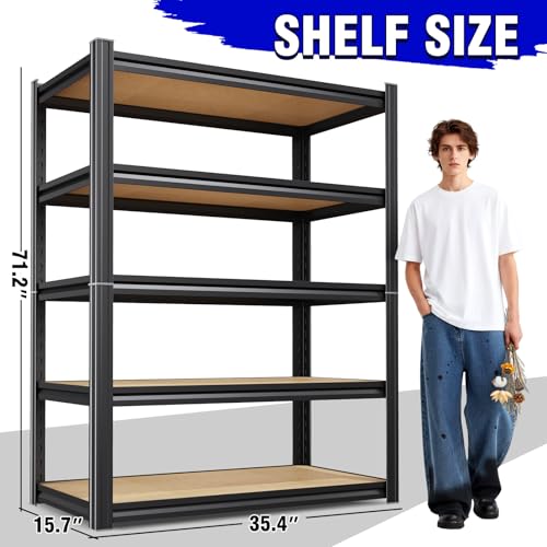 Image of 71 inchH-35 inchW-15.7 inchD Garage Shelving-2050LBS 5 Tier Storage Shelves,Adjustable Heavy Duty Metal Shelving Unit and Storage Large Rack,Utility Steel Shelf For Shop Warehouse Industrial Pantry Basement Black