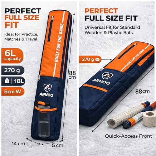 Image of Pro Cricket Bat Cover Full Size with Shoulder Strap, Water-Resistant & Lightweight, Quick Acess Pockets for Wooden & Plastic Bats (Orange)