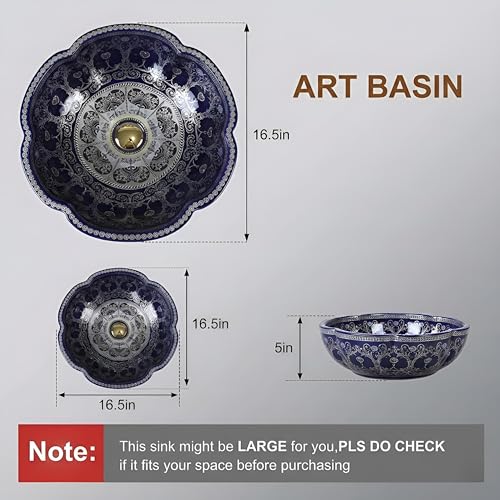 Image of BASSINO Designer Moroccan Ceramic Table Top Wash Basin /Glossy Blue Floral Art Bowl Sink for Bathroom /Handcrafted Countertop Washbasin for Office /Hotel(16.5 x 16.5 x 5 Inches)