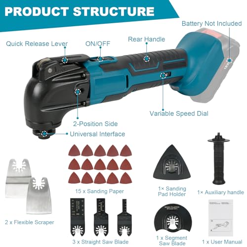 Multifunktionswerkzeug Kompatibel mit M-.akit/-a Akku 18V, Multifunktionsspaten Schneiden Schleifen Trimmer Holzbearbeitung Werkzeuge,Oszillierwerkzeug Erfordert eine eigene Lithium-Batterie – Bild 5