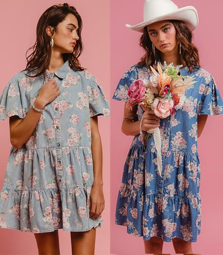 ebossy Women's Sweet Floral Denim Dress Button Up Ruffle Short Sleeve Flowy A Line Tiered Mini Shirt Dress4