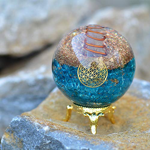 Orgonite Crystal Blue Aquamarine Crystal Ball With Stand For Positive Energy, E-Emission Protection And Chakra Balancing –With Flower Of Life Symbol To Promote Purpose, Serenity And Courage #TOP7