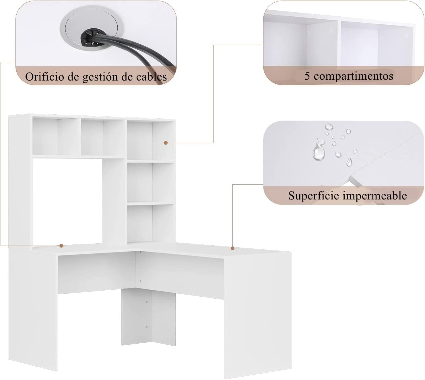 FirFurd Escritorio Esquinero con Estantería, Escritorio Juvenil, Mesa Ordenador en Forma de L, con Regleta, Mesa para Estudio, Dormitorio, Oficina, Blanco