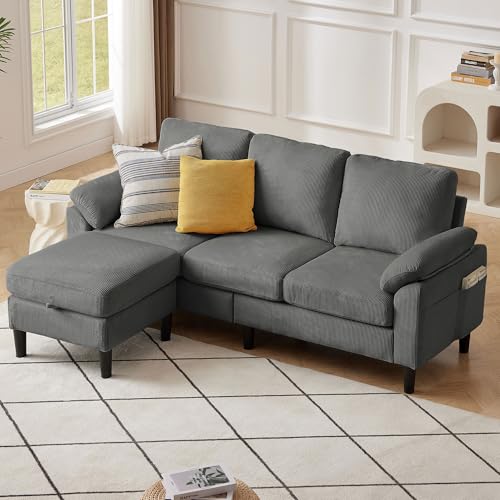 Image of 80''L Shaped Sectional Sofa Couch, 3 Seater Corduroy Sofa with Storage Ottoman, Removable & Washable Cushion Covers, Side Pockets, Modern L Couch for Living Room, Dark Grey