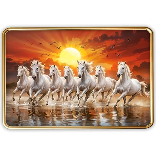 Image of Dharvika Innovations Vastu 7 Seven Running Horse Photo Frame, Golden Slim Frame, Sparkle Coated Lamination, 30x45 cm (Design 14)