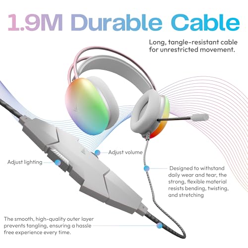 Image of VERITY Over-Ear Wired Gaming Headset for PC, Lightweight Comfort Design with Mic, Powerful 40mm Audio Drivers, RGB Lighting, Adjustable Headband, Soft Breathable Ear Cushions, 3.5mm AUX, White